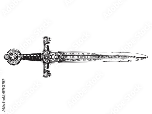 Excalibur sword with ornate details and inscription, vector illustration.