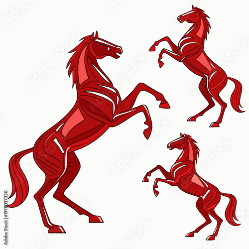 Three red horses rearing up on hind legs in stylized rearing horses stylized horses red color