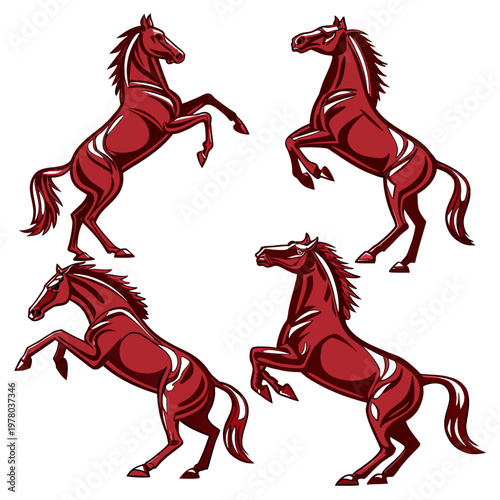 Four red horses rearing up on hind legs in stylized rearing horses stylized horses four horses