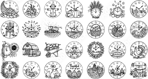 Detailed autumn harvest and Thanksgiving holiday clock illustrations set, hand-drawn vintage black and white sketches.