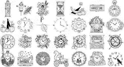 Autumn Harvest Time Illustrations Set: Collection of Hand-Drawn Clocks, Scarecrows, Pumpkins, and Rustic Seasonal Elements in Black and White Line Art