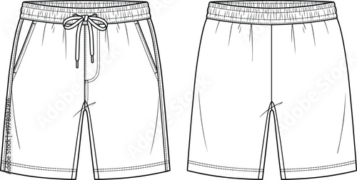 Men shorts technical drawing vector, casual sportswear design, elastic waistband with drawstring, front view apparel template, clothing mockup isolated