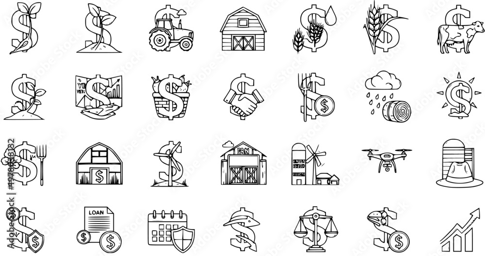 Fototapeta premium Agricultural Finance and Farm Investment Line Icons Set - Economy, Growth, and Rural Business Concepts