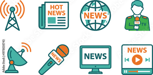 News media icons set, broadcasting journalism symbols, television reporter microphone, global news concept, digital media illustration, communication technology vector design