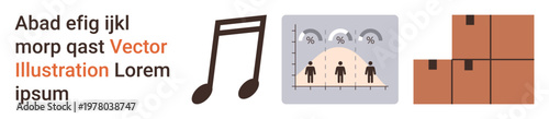 Music, signal connectivity, logistics, e-commerce, storage, data visualization. A music note, digital audience chart with wireless symbols and stacked cardboard boxes. Music and signal connectivity