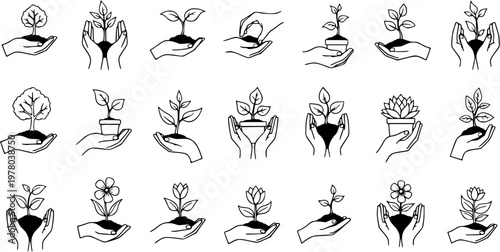 Growing Hope: Hands Nurturing Plants  Trees Icon Set