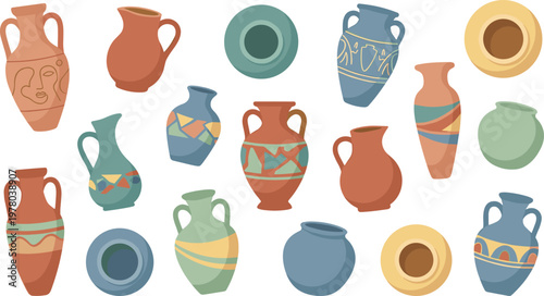 Collection of colorful decorative ceramic vases and pottery with abstract patterns, modern flat style illustration for home decor and design projects
