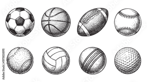 Collection of sport balls vector graphics including soccer basketball football baseball on transparent.