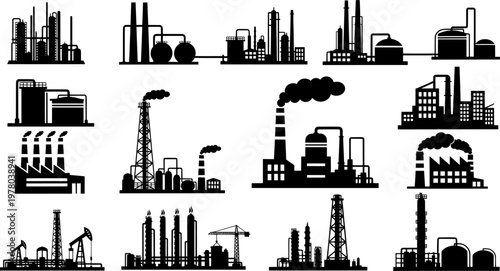 Factory, power plant industrial icons. Factory, power plant, oil refinery and oil processing plant industrial icon. Transparent background EPS version.
