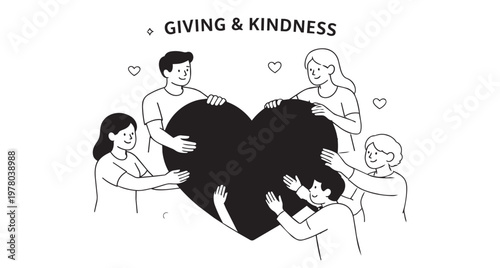 illustration of giving and kindness showing a community volunteer group holding a big heart for charity, support, care and teamwork