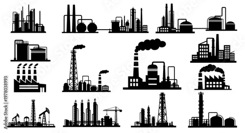 Factory, power plant industrial icons. Factory, power plant, oil refinery and oil processing plant industrial icon. Transparent background SVG version.