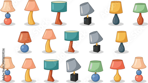 Collection of stylish table lamps with unique shapes and colorful bases, modern home lighting set in flat vector illustration design