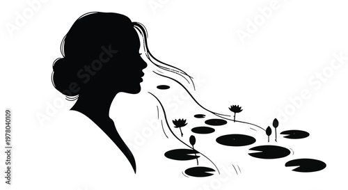 Silhouette of a woman's profile with flowing hair transforming into a serene water scene with lily pads and flowers.