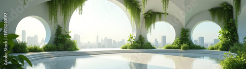 Futuristic minimalist interior with lush vertical gardens and city skyline view