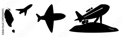 Travel insurance icon set with solid black square on white background featuring vector illustration, line art icon with travel and protection