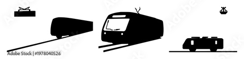 Train station icon set with solid black line drawing on white background featuring transportation, architecture, travel with signage and commuter