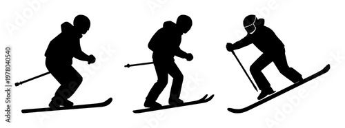 Skiing icon set with a simple solid black silhouette on white background featuring skiing, winter sports, outdoor activity with iconography and design
