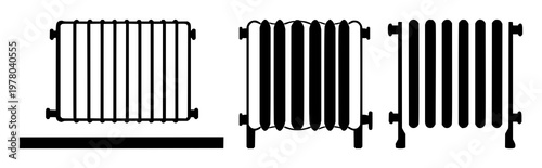 Radiator icon set with solid black silhouette on white background featuring heating, appliance, icon, thermostat with heat and energy