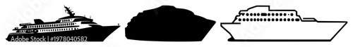 Cruise ship icons set with solid black silhouette against white background featuring cruise ship, nautical, sea with transport and travel