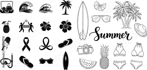 Black and White Summer Vacation Icons and Beach Elements Collection