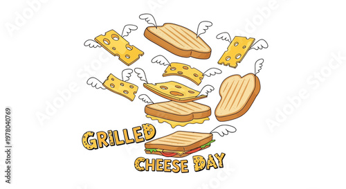 Whimsical vector art celebrating grilled cheese day with flying grilled cheese sandwiches and cheese slices against a clean white background, presented with playful cartoon illustrations