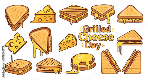 Vector illustrations celebrating Grilled Cheese Day showcase golden toasted bread and gooey cheese melt in a comfort food concept, set against a clean white background, with a cheerful