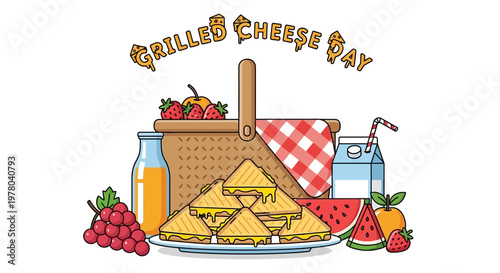 A festive vector illustration announces Grilled Cheese Day with a picnic basket, a plate of cheesy sandwiches, and assorted fruits against a clean white background, conveying a fun