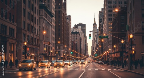 New York City street scene with yellow cabs and illuminated buildings at dusk