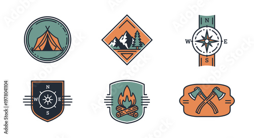 Collection of outdoor adventure badge style logo designs with camping and exploration elements