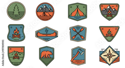Illustrative vector set of outdoor adventure badges and patches, perfect for nature exploration and camping themed designs