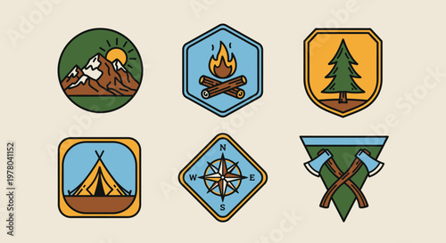 Collection of Vintage Outdoor Adventure Emblems and Retro Camping Logos Set