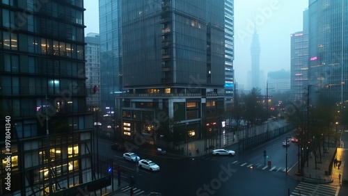 Night View in Tokyo with Urban Intersection and Modern Skyscrapers