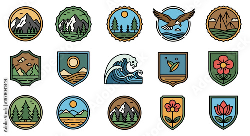 Retro Nature Emblems Mountains, Waves, and Flowers Collection