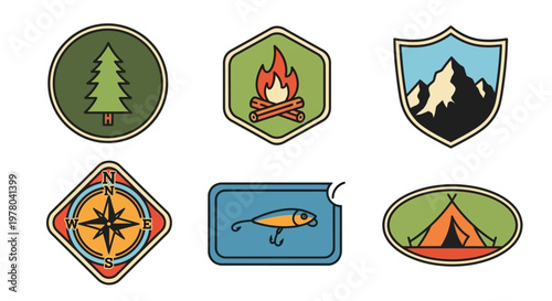 Collection of Modern Vintage Badge Designs Highlighting Outdoor Adventure and Camping Elements
