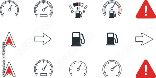 Car dashboard and fuel indicator icons set with speedometer gauge warning sign navigation arrow and automotive control symbols