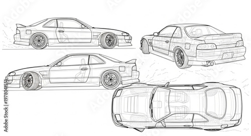 Four different views of a sports car sketch.