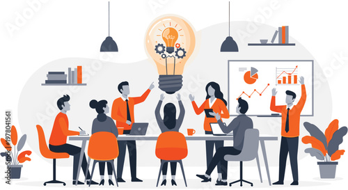 Diverse team brainstorming meeting in modern office with lightbulb moment in vibrant orange and gray colors for business and creativity