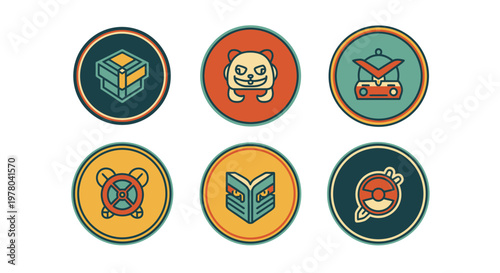 Collection of stylized badge logos with mountain, quill, and abstract designs