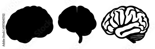 Brain synapse set with solid black icon, white background featuring neurological, neural, medical illustrations with vector and iconography