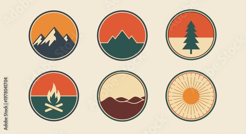 Round outdoor adventure icons for camping and travel