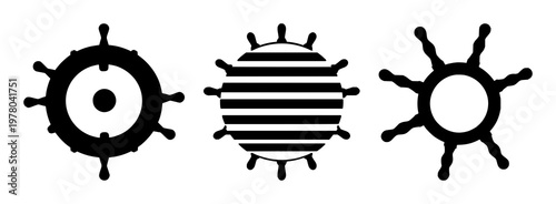 Cruise ship steering wheel icon set with solid black design on white background featuring maritime, navigation, ship with black and white and vector