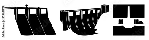 Hydroelectric dam set with solid black icon on white background featuring water power, energy infrastructure with dams and turbines