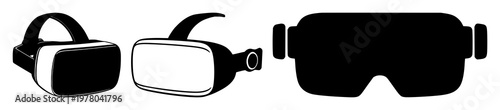 Virtual reality headset set with solid black icon design featuring VR, technology, device with entertainment and gaming equipment