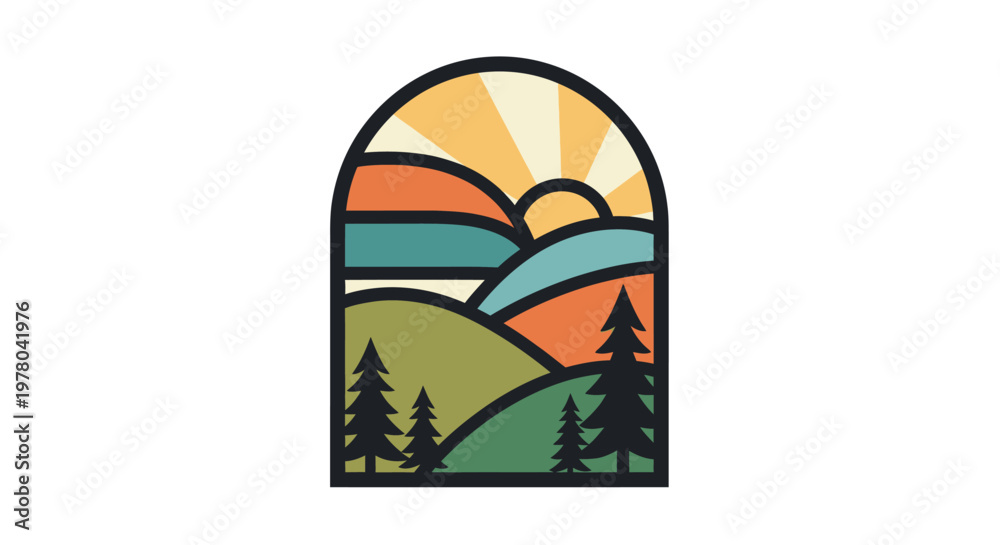 Obraz premium Scenic mountain landscape with sun and rolling hills in a retro badge design