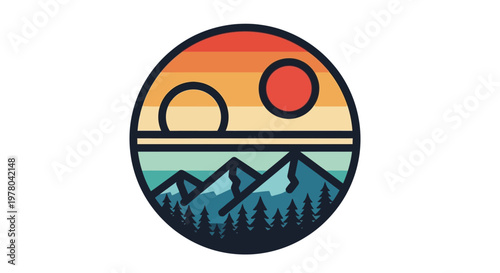 Geometric Retro Badge Emblem Vibrant Mountain Forest Landscape with Twin Suns in a Circular Design