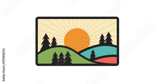 Flat vector design featuring a vibrant nature landscape with rolling hills, evergreen trees, and a radiant sun, perfect for outdoor emblems