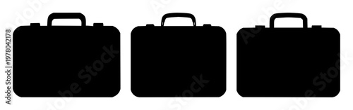Office briefcase icon set with solid black silhouette on white background featuring business, travel, security with formality and professionalism