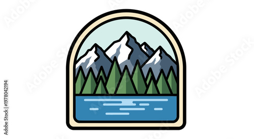 Arched Mountain Landscape with Trees and Lake Vector Graphic
