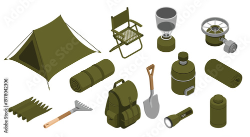 Isometric military camping gear and survival outdoor equipment icon set, detailed vector illustration featuring tactical backpack, tent, sleeping bag, compass, binoculars, and field tools
