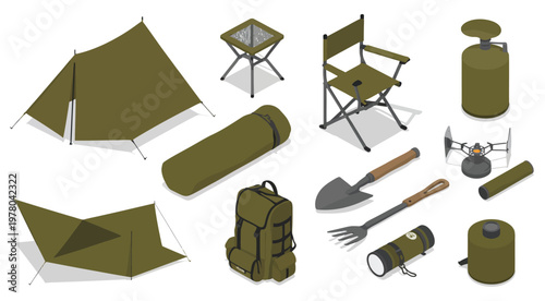 Isometric military camping gear and survival outdoor equipment icon set, detailed vector illustration featuring tactical backpack, tent, sleeping bag, compass, binoculars, and field tools